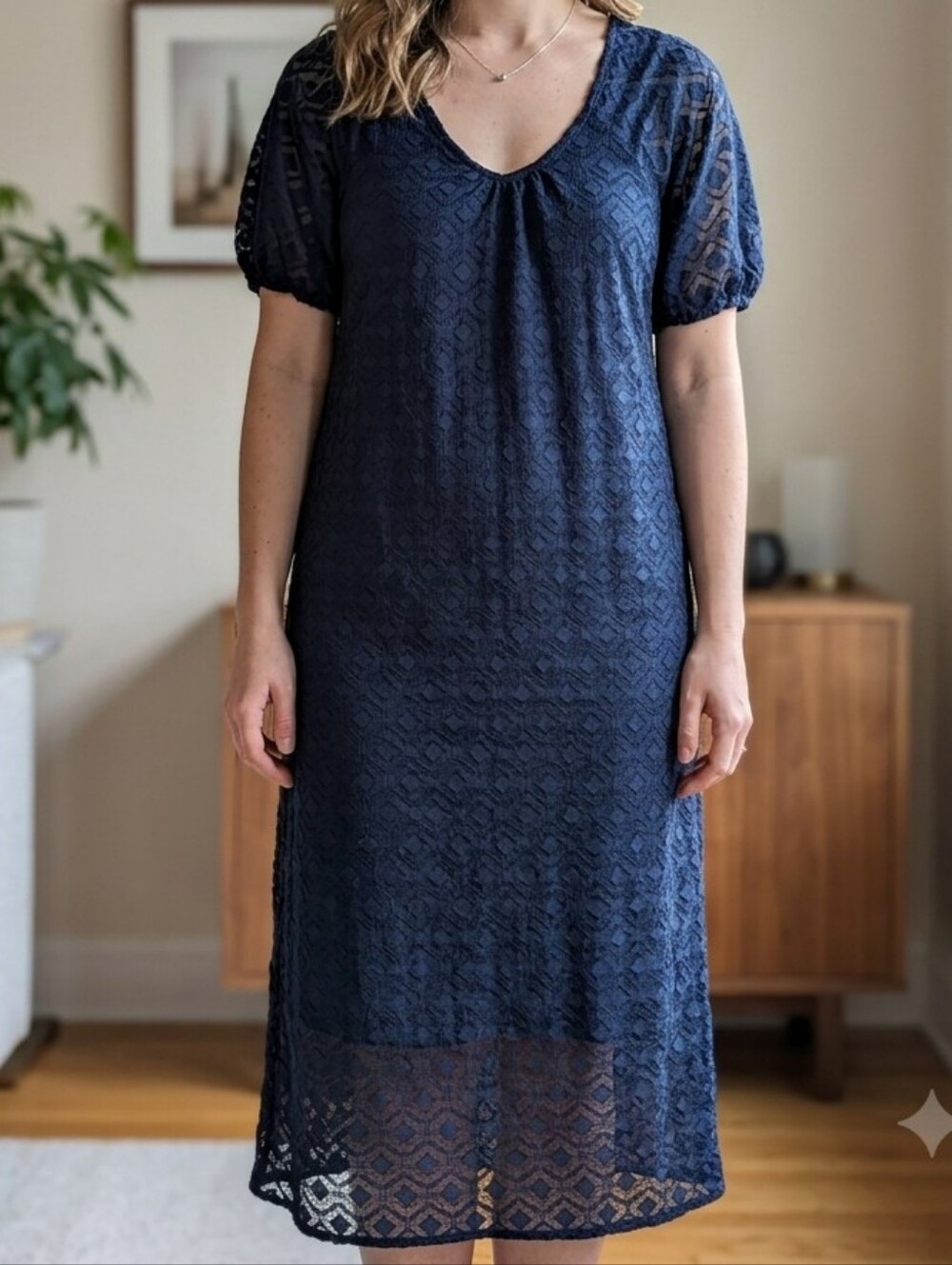 Caslon Navy Textured Lace Maxi Dress with Puff Sleeves ✨ Size XS